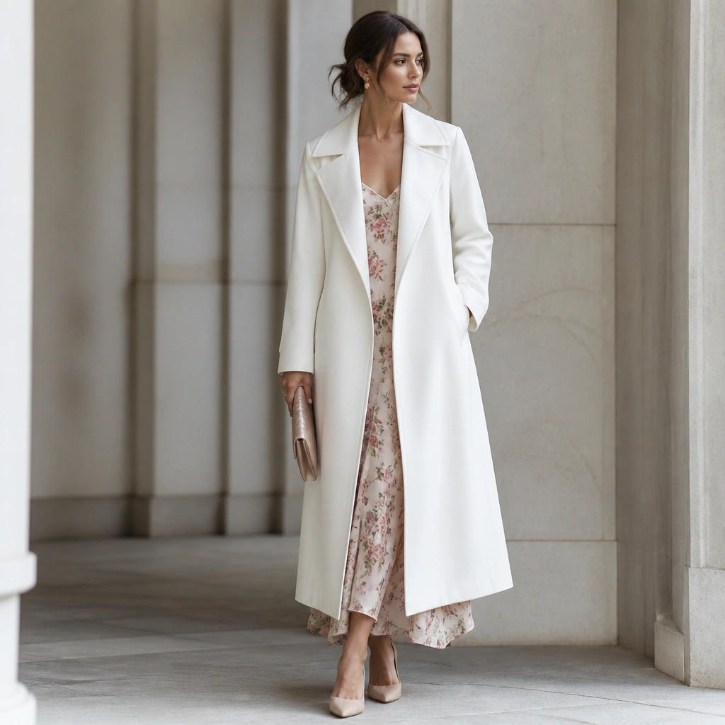 A white long trench coat worn over a delicate floral slip dress, with the dress hem visible below the coat; nude pumps and a satin clutch.