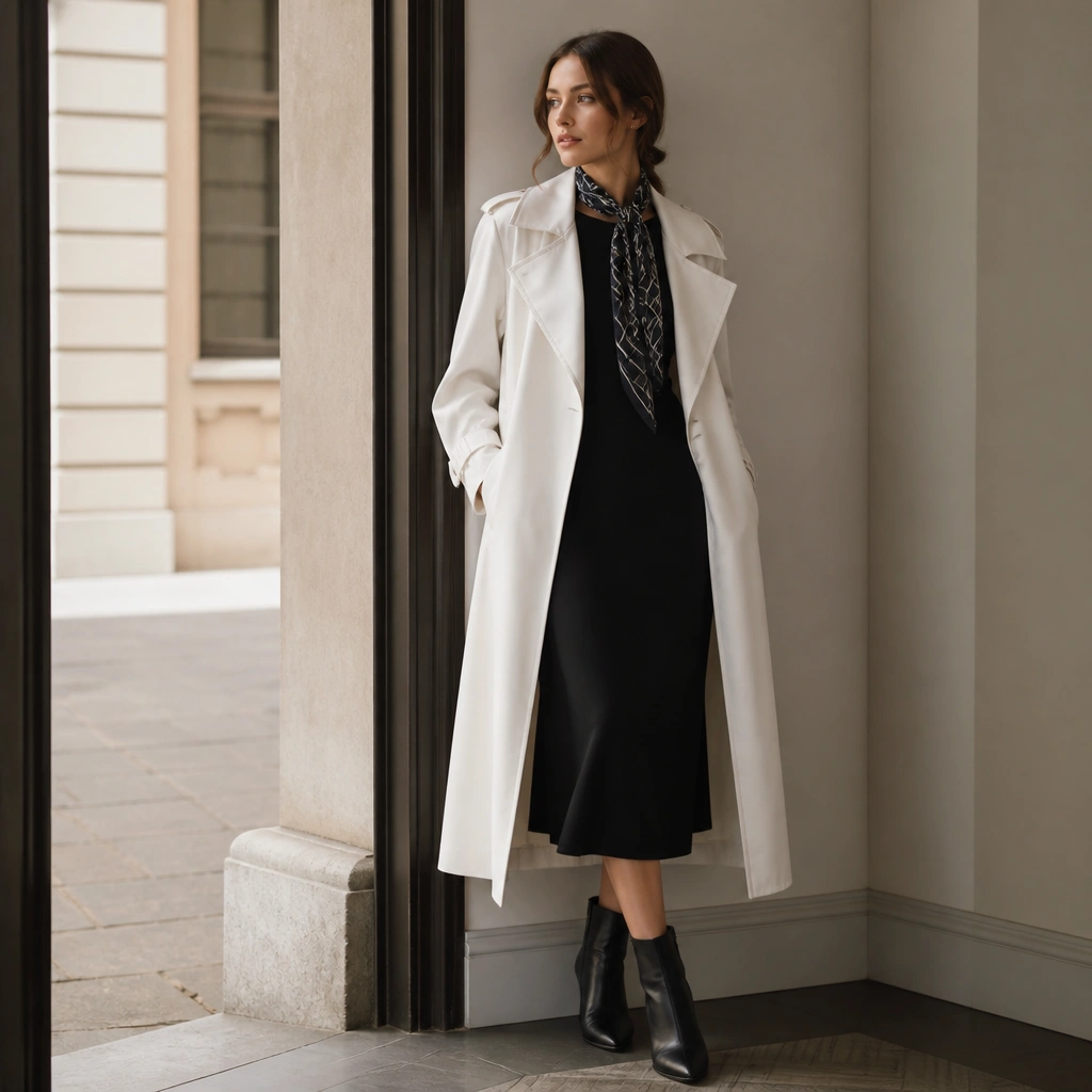 A black midi dress layered under a white long trench coat, styled with a slim patterned scarf tied at the neck and black ankle boots.