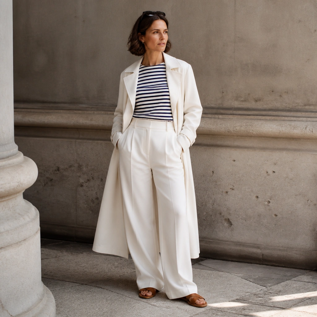 A white long trench coat over a navy-and-white striped Breton top, paired with white wide-leg trousers and tan leather sandals; sunglasses resting on the head.