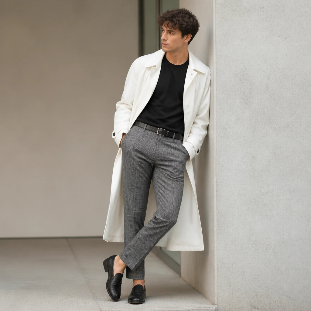 A white long trench coat layered over a black crew-neck tee, tucked into grey plaid trousers; black belt and black loafers.