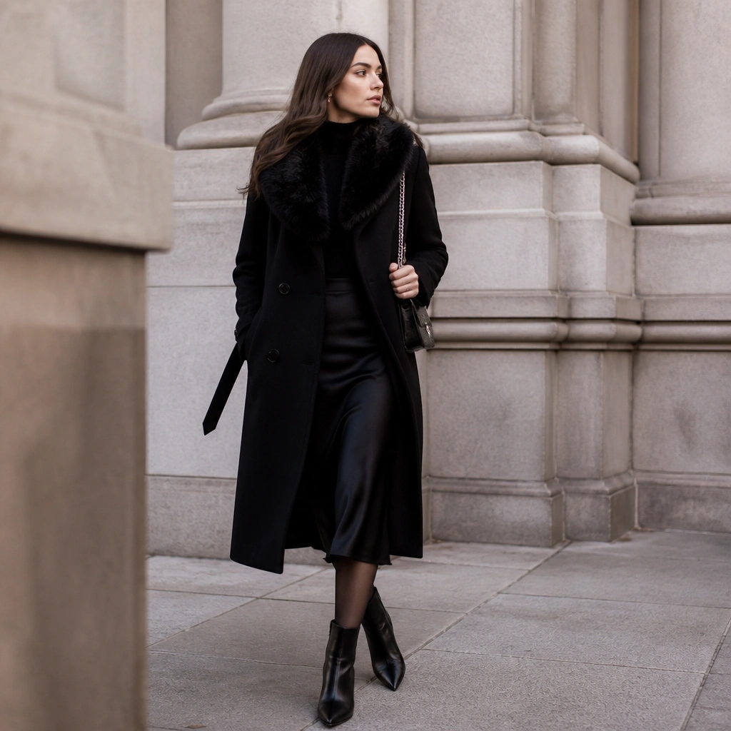 A black long trench coat with a faux fur collar over a black satin midi skirt. The outfit includes sheer black tights, ankle boots, and a silver chain bag.