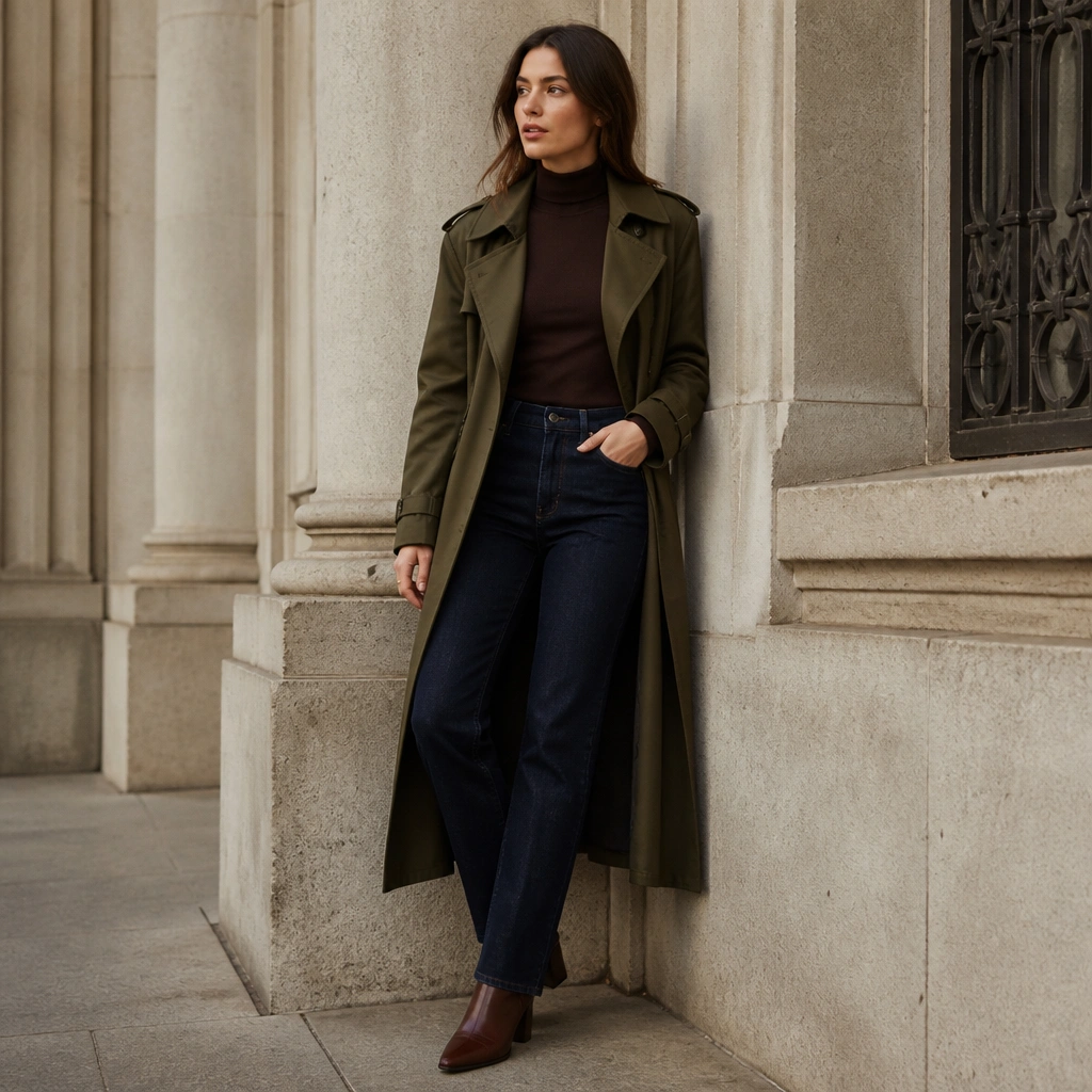 An olive green long trench coat worn over a chocolate brown fitted turtleneck. Straight-leg dark wash jeans and brown leather-look boots complete the look.