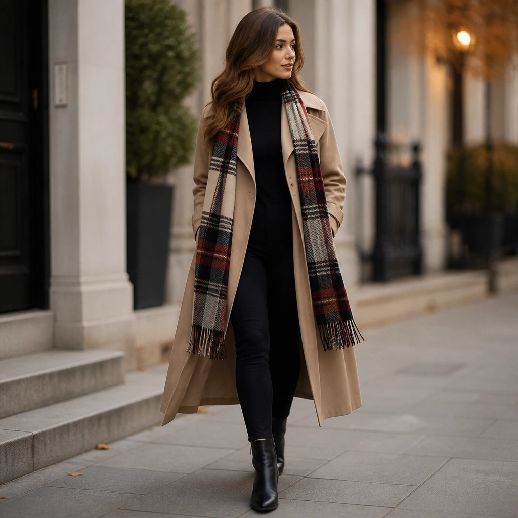 A tan long trench coat open over a black turtleneck. A large plaid scarf (red, cream, and black) is draped down the front, with black leggings and dark ankle boots.