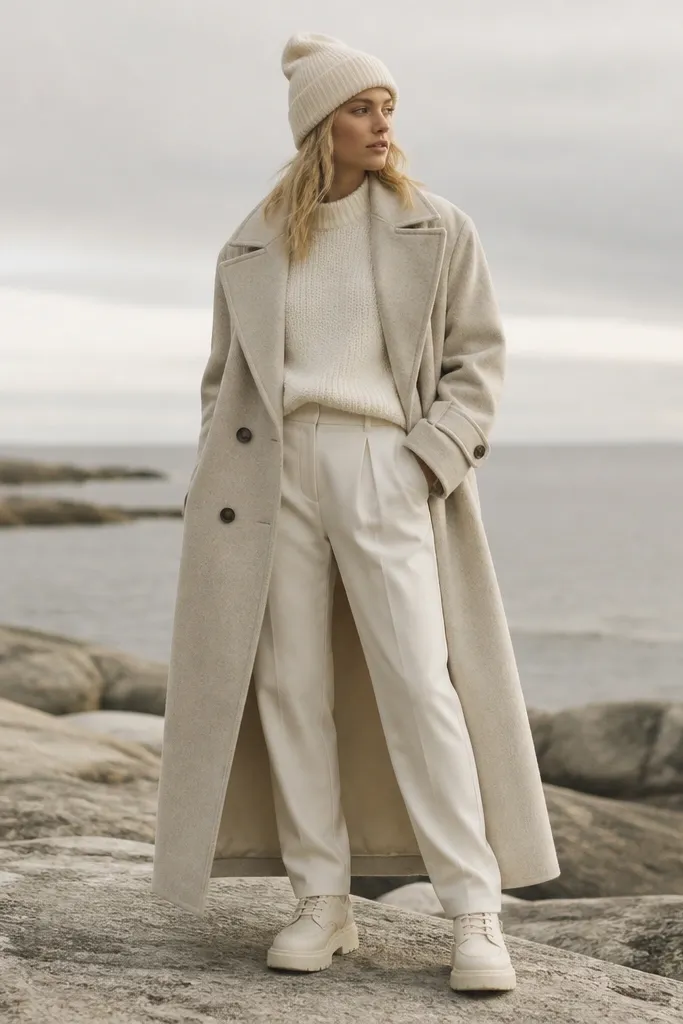 A cream monochrome outfit with a long oatmeal trench coat, a cream knit sweater, and matching cream pants. A wool beanie and cream sneakers/boots are visible.