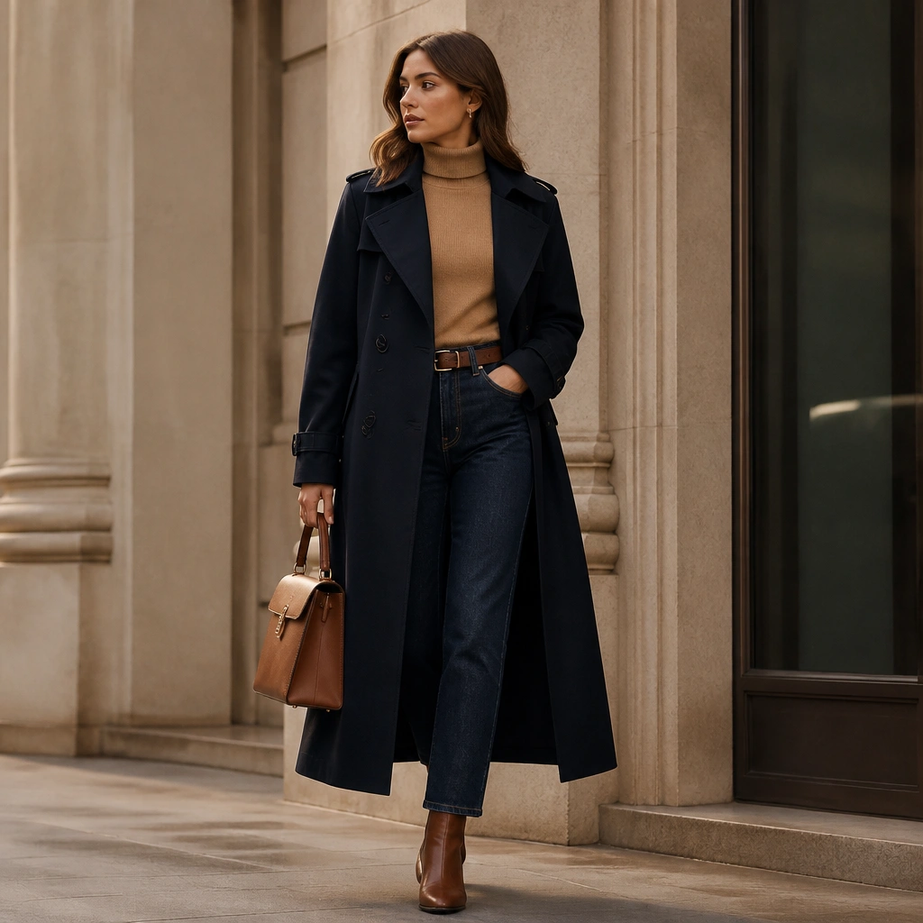 A navy long trench coat over a camel turtleneck. Dark denim jeans, a belt at the waist, and cognac boots with a structured handbag.