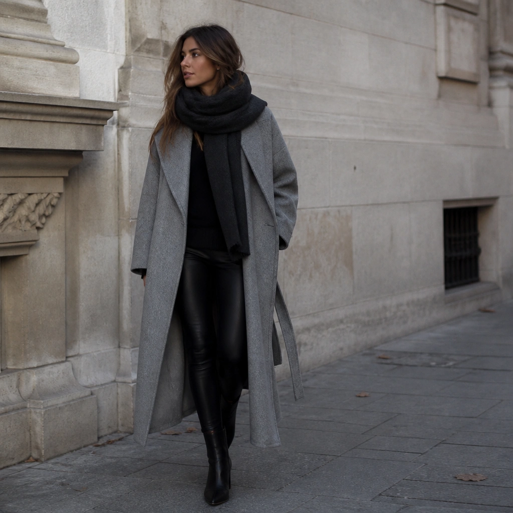 A gray long trench coat over black leather-look leggings and a black top. A large oversized scarf wraps the neck, with black ankle boots.