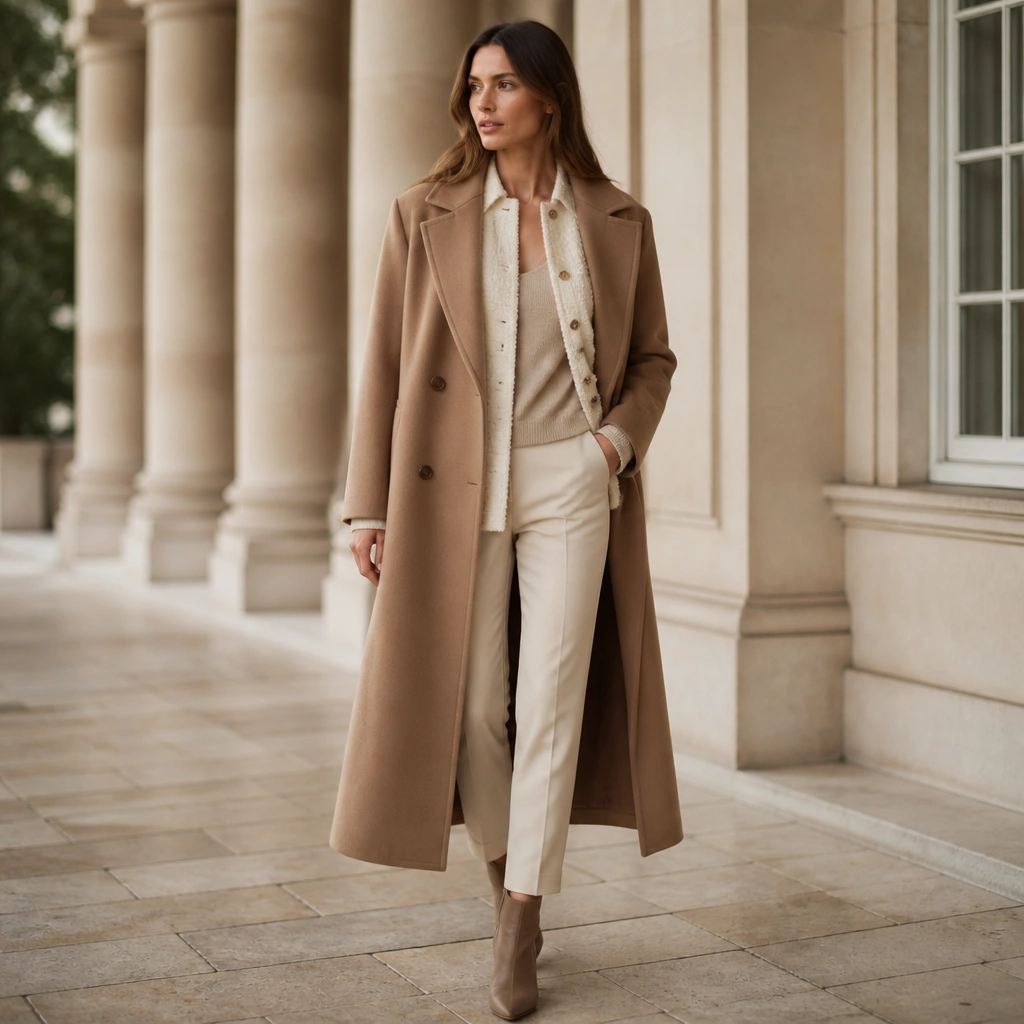 A camel long trench coat layered over a cream boucle jacket. The look includes a neutral knit top, slim trousers, and tan boots.