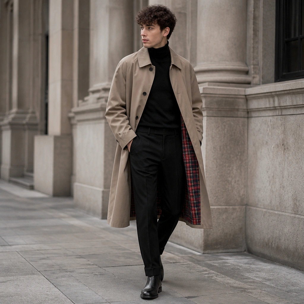 A long trench coat with visible red plaid lining peeking at the open front. A black turtleneck, straight-leg black pants, and black boots complete the outfit.