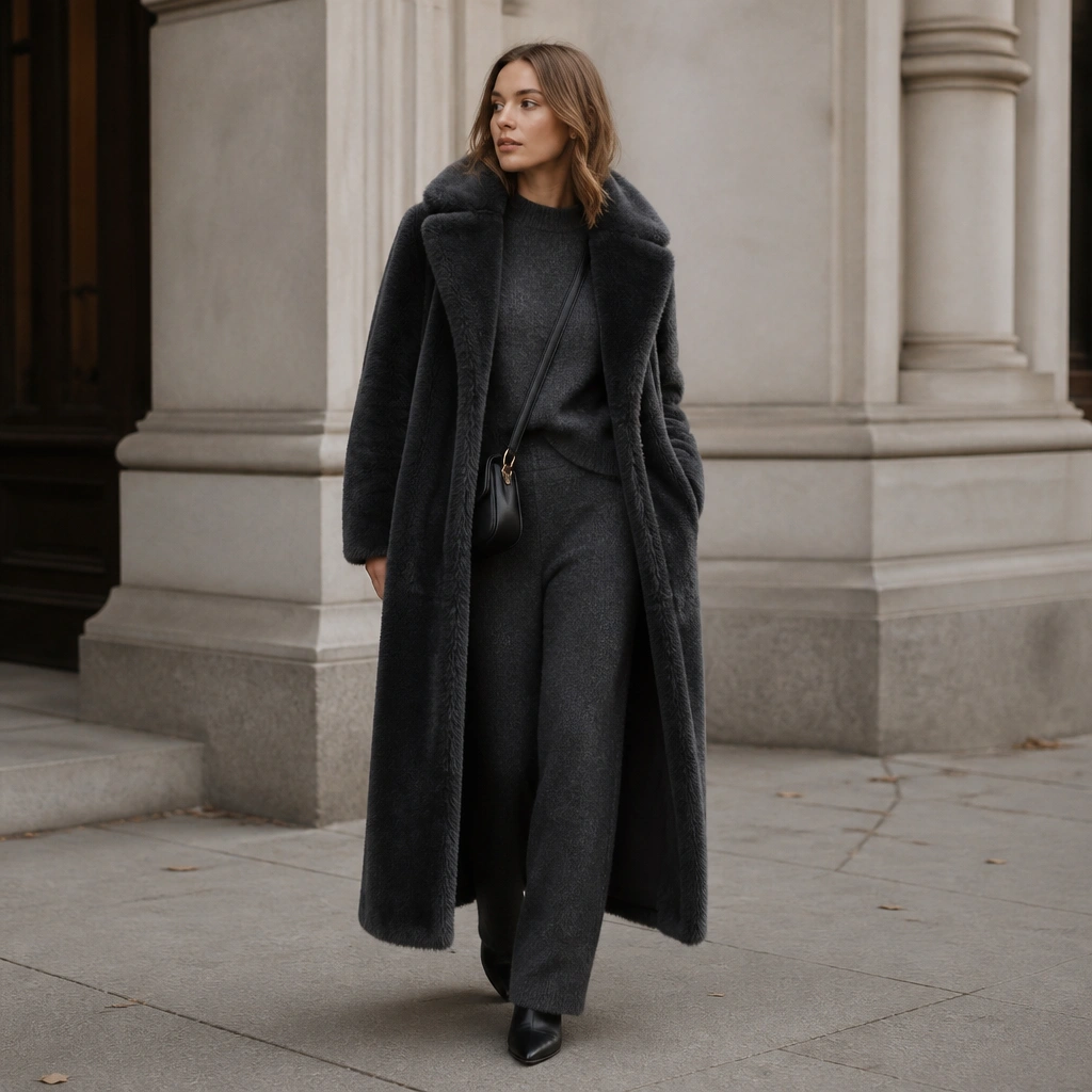 A longline faux fur coat in charcoal paired with a matching charcoal knit set (top and pants). The outfit includes black boots and a minimal crossbody bag.