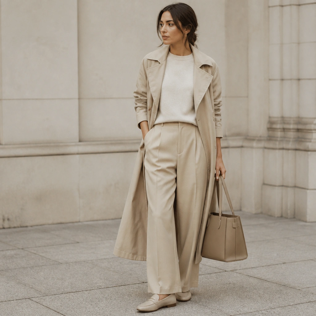 A light tan long trench coat over beige wide-leg trousers. Oat-colored loafers and a creamy knit top are shown, with a structured tote.