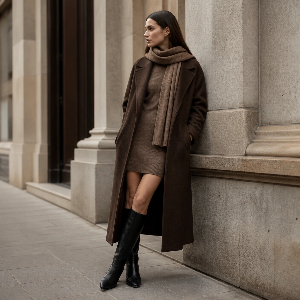 A sweater dress in mocha brown sits under an oversized long brown coat; the model wears black knee-high boots and a wide knit scarf, with hair tucked behind the ear.