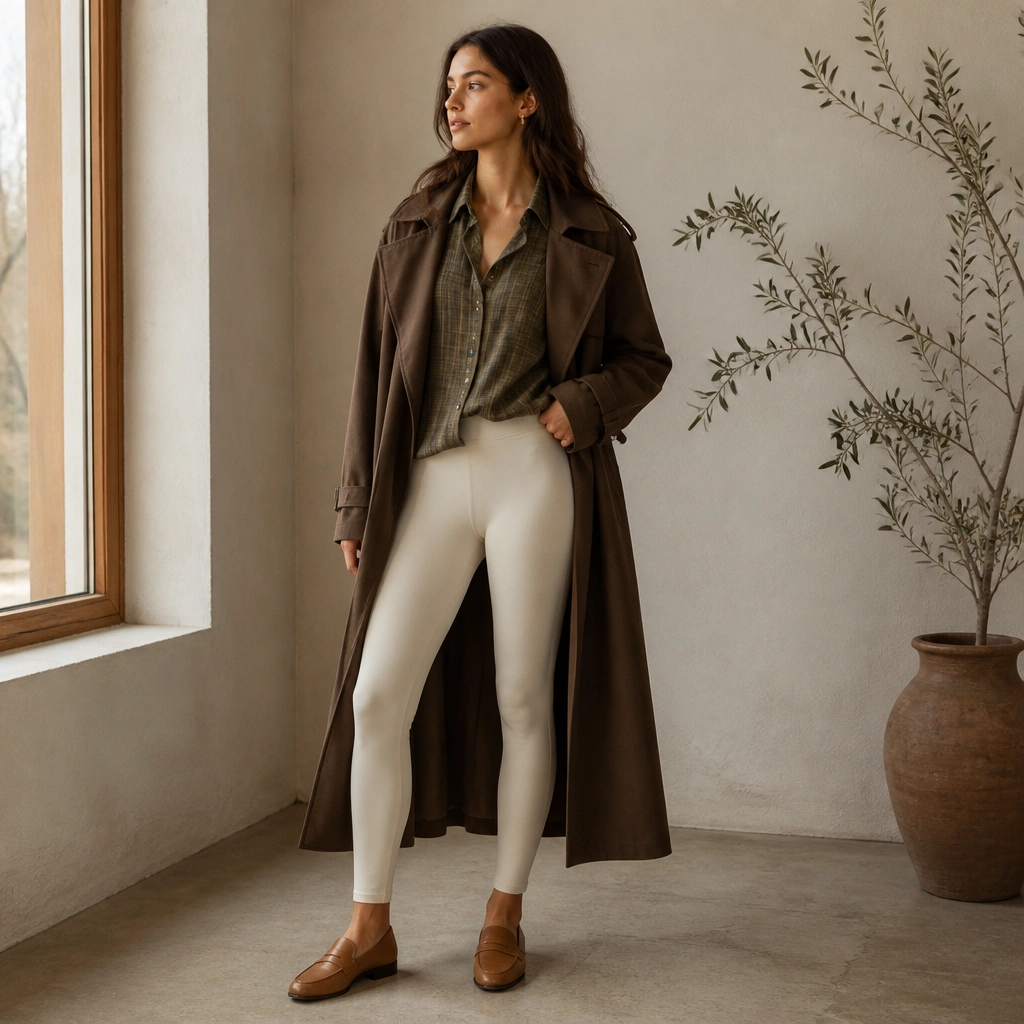 An olive flannel button-down is worn partially tucked into cream leggings; a long brown trench coat falls open, and tan loafers with a low heel complete the look.