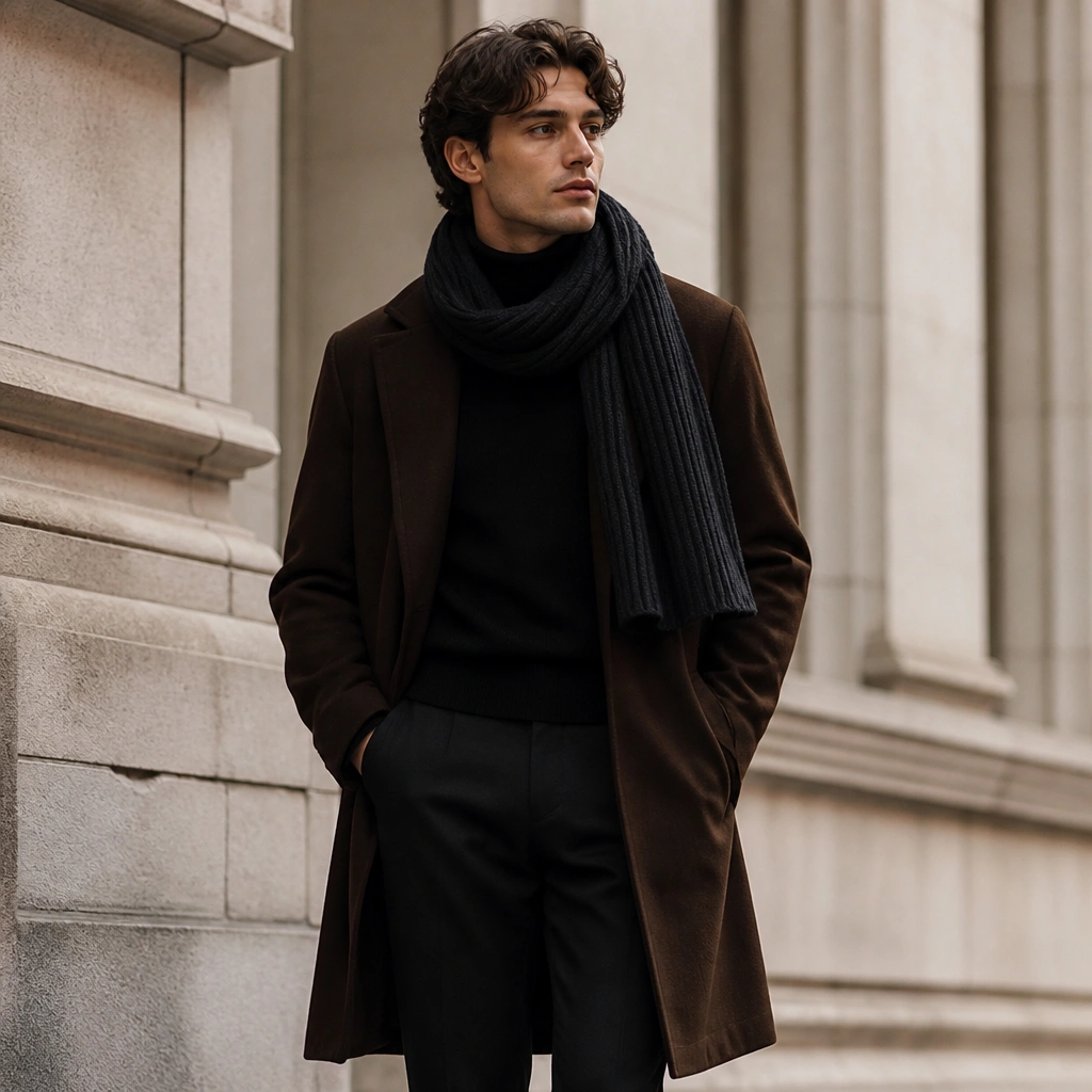 A black mock-neck sweater is layered under a long chocolate-brown coat; a chunky ribbed scarf in deep charcoal wraps around the neck, and the model wears black straight pants.