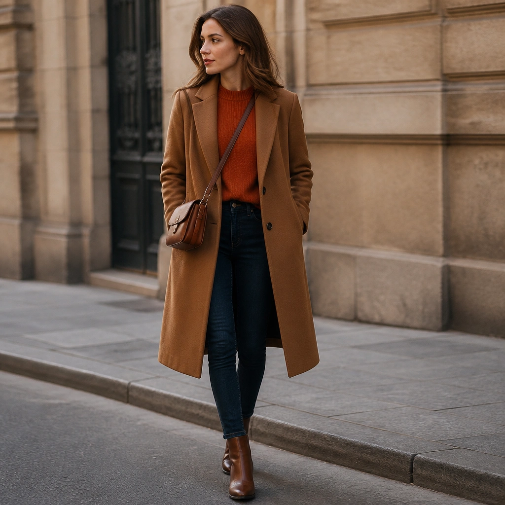 A rust-orange knit sweater peeks from a camel-brown long coat; dark wash skinny jeans and brown leather ankle boots are visible, with a small crossbody bag.