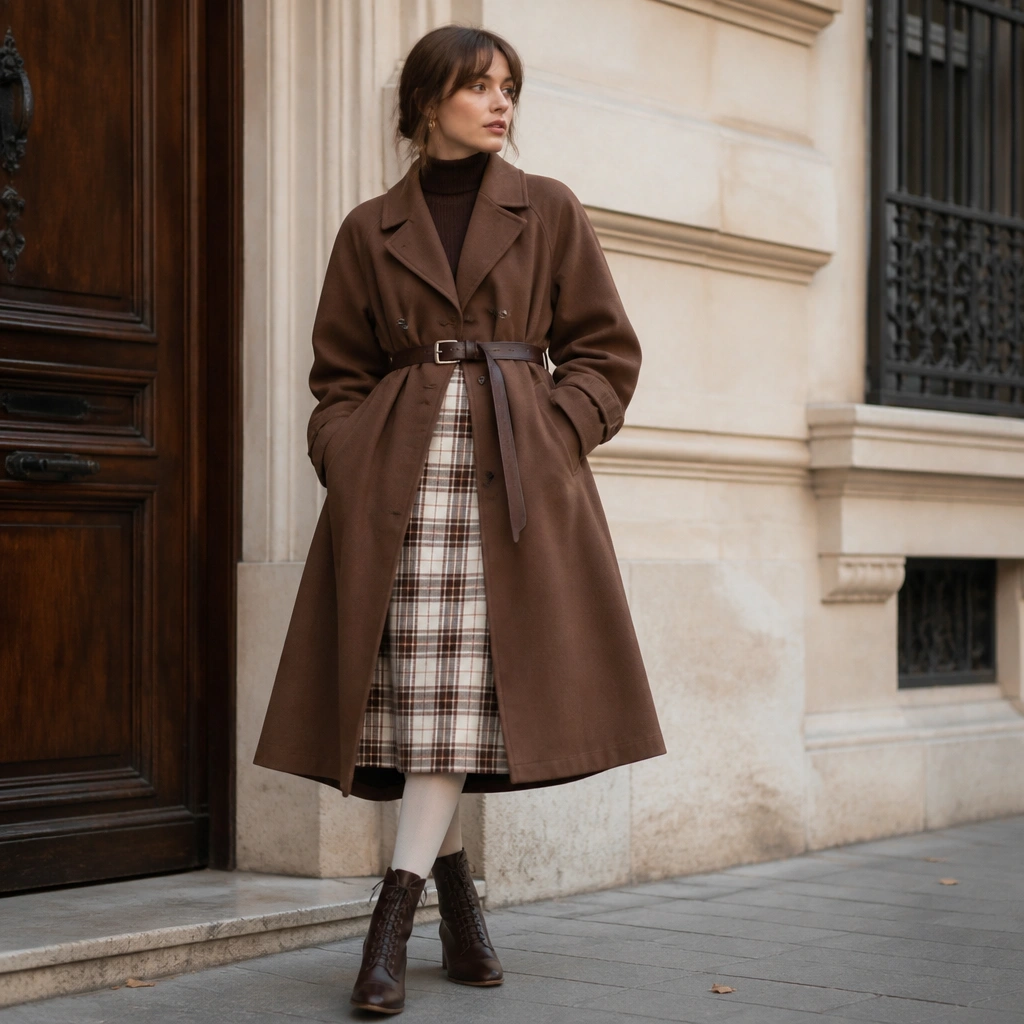 A plaid midi skirt in brown-and-cream sits under a long brown coat; cream tights and lace-up brown boots are shown, with a belt cinching the coat at the waist.