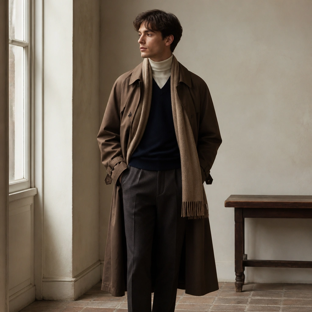 A navy sweater vest over a light turtleneck is layered beneath a long brown trench coat; the model wears straight trousers and a scarf in muted tan.