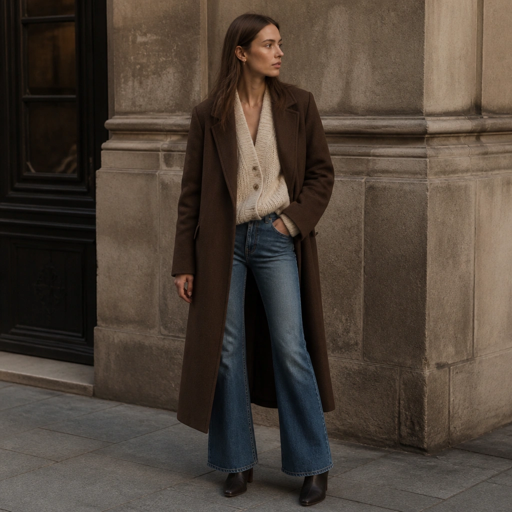 A chunky knit cardigan in oatmeal is worn under a long brown coat; flared jeans show at the hem and the model wears heeled ankle boots.