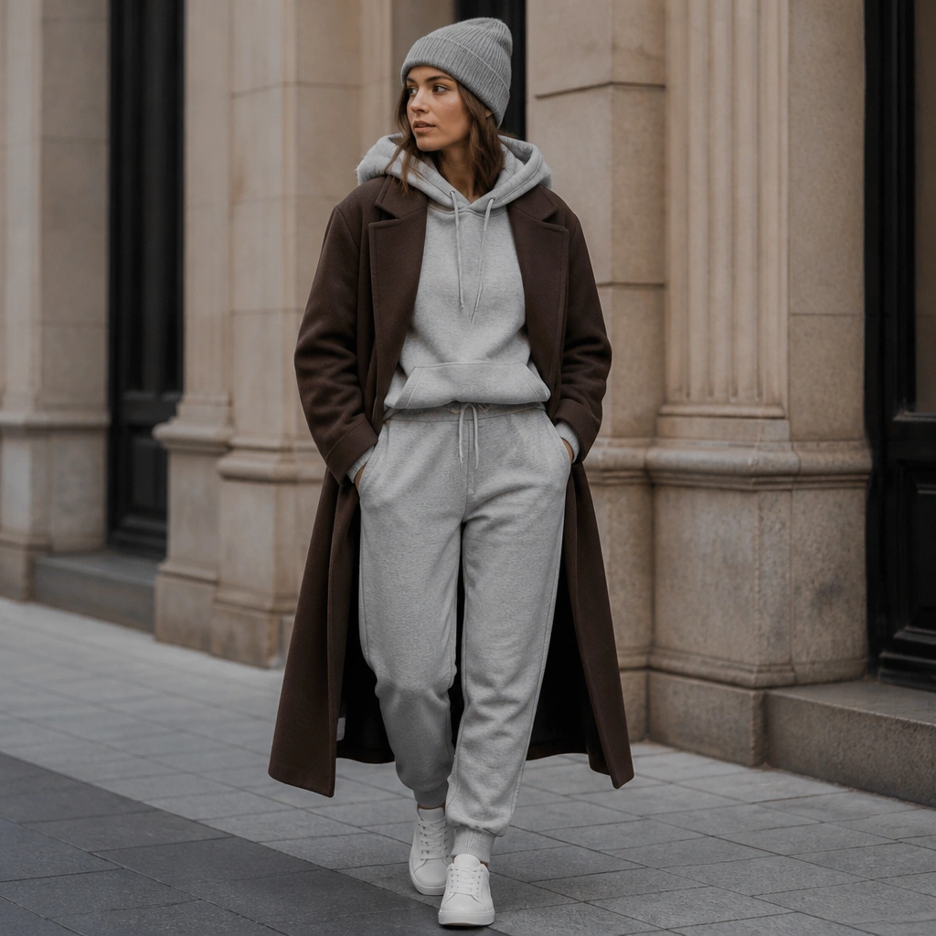 A grey sweat set (hoodie and joggers) is styled under a long brown coat; white low-top sneakers and a simple beanie are visible.