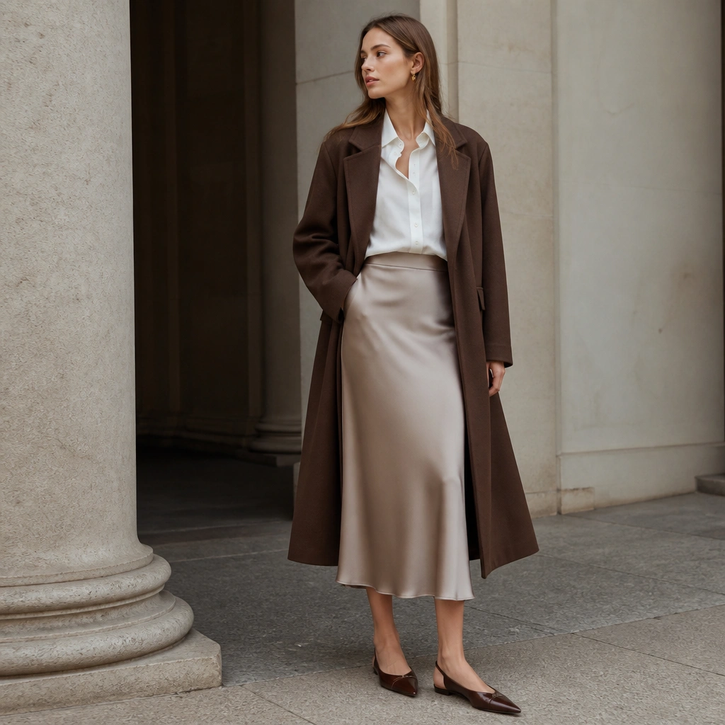 A crisp white blouse is tucked into a satin midi skirt with a subtle sheen; a long brown coat is worn open, and the model has pointed-toe flats.