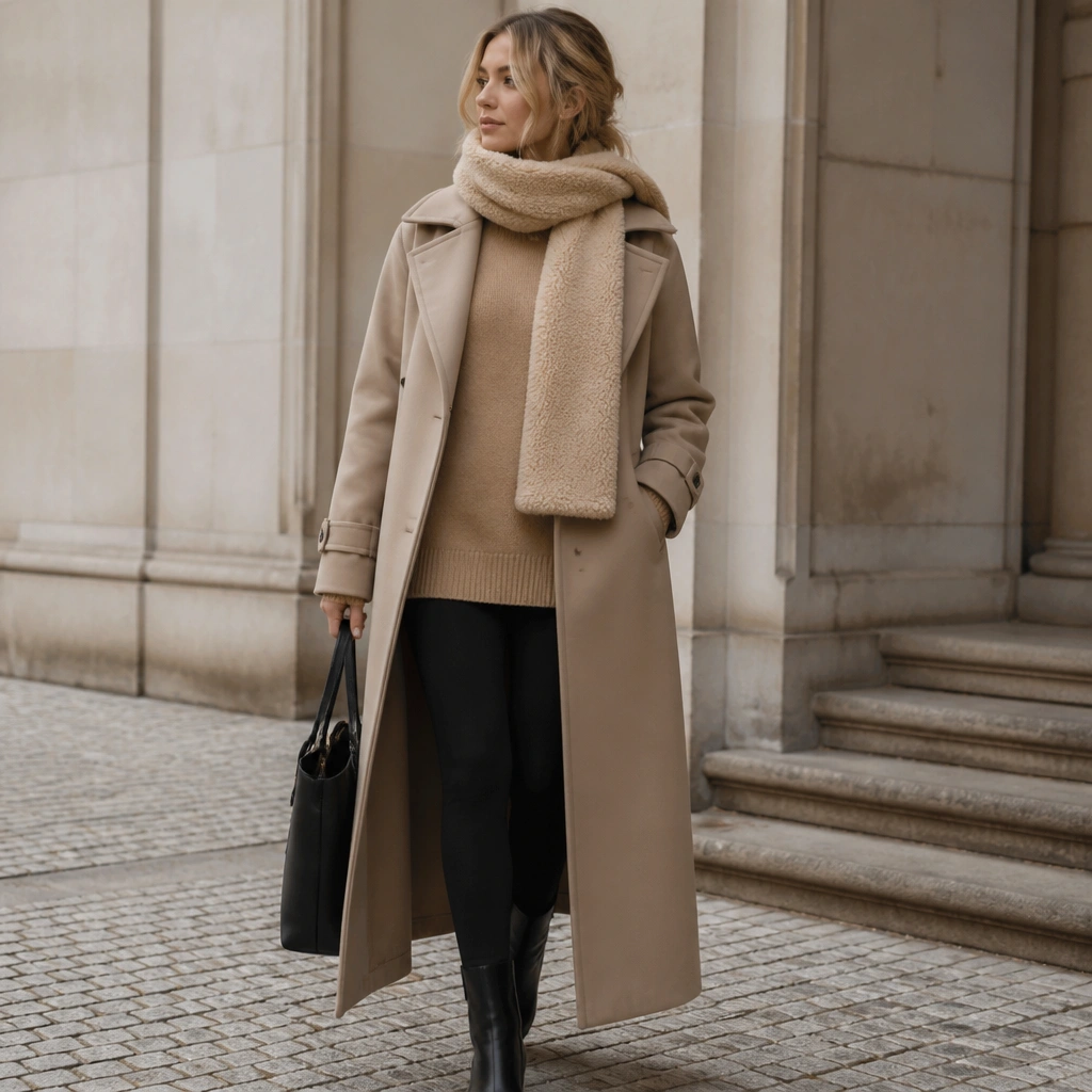 A camel sweater is layered over black leggings; a long trench coat falls straight down, and a plush faux-shearling scarf wraps around the neck.