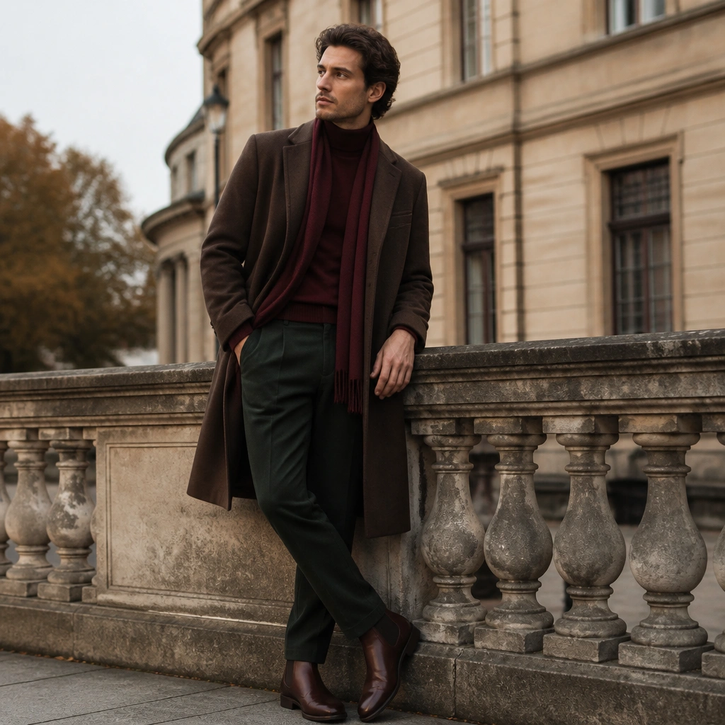 A burgundy turtleneck is visible under a long brown coat; the model wears dark green wool pants and brown leather boots, with a burgundy scarf.