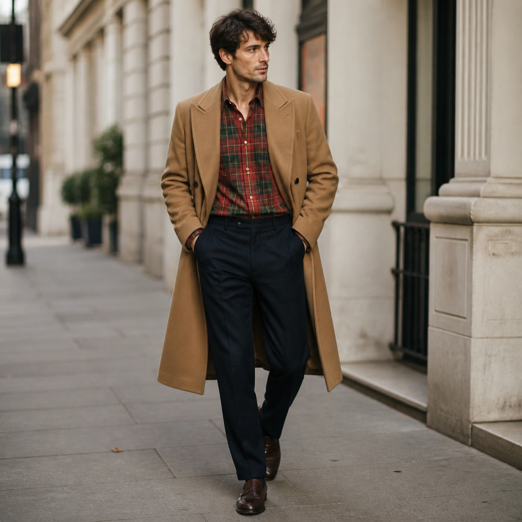 A camel long trench coat layered over a red-and-green plaid button-down, worn with dark wash trousers and brown leather loafers; the background is a city sidewalk.