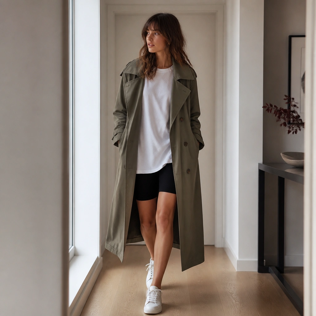An olive long trench coat worn over an oversized white tee with black biker shorts, paired with white sneakers; the photo is taken in a bright apartment hallway.