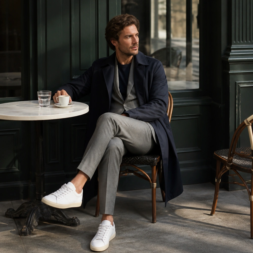 A navy long trench coat over a gray blazer and matching trousers, styled with white low-top sneakers; the scene is a café patio with natural light.