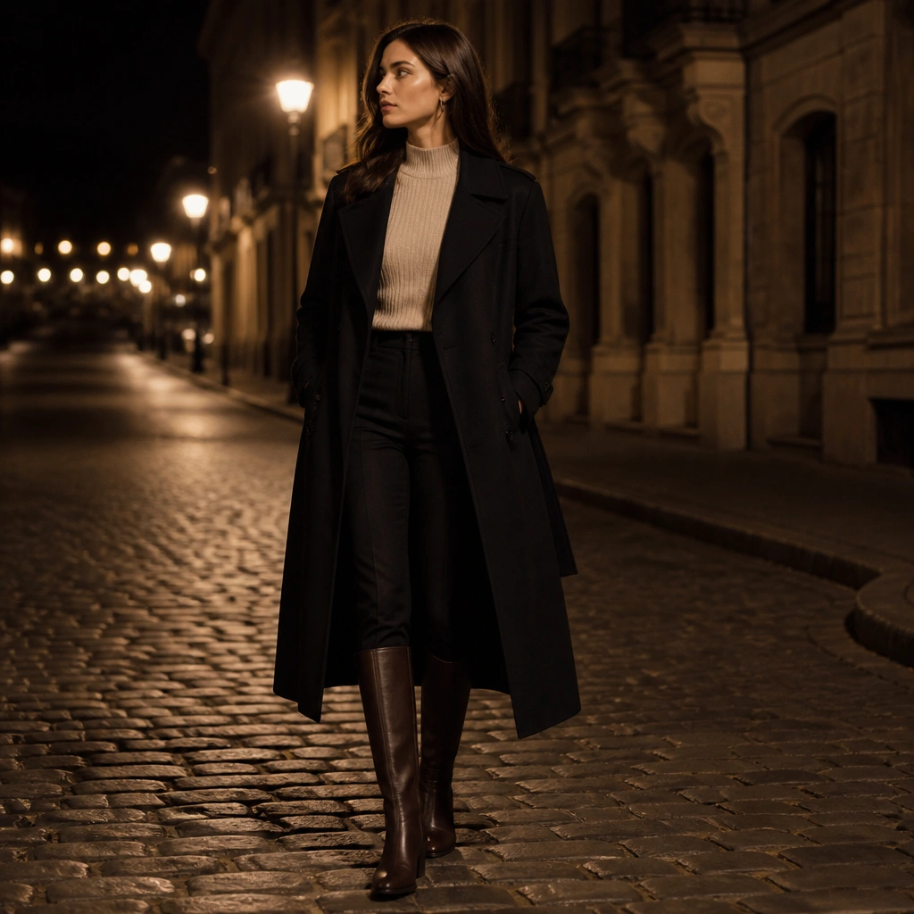 A black long trench coat over a ribbed beige sweater and slim black trousers, finished with dark brown knee-high boots; the image shows an evening street setting.