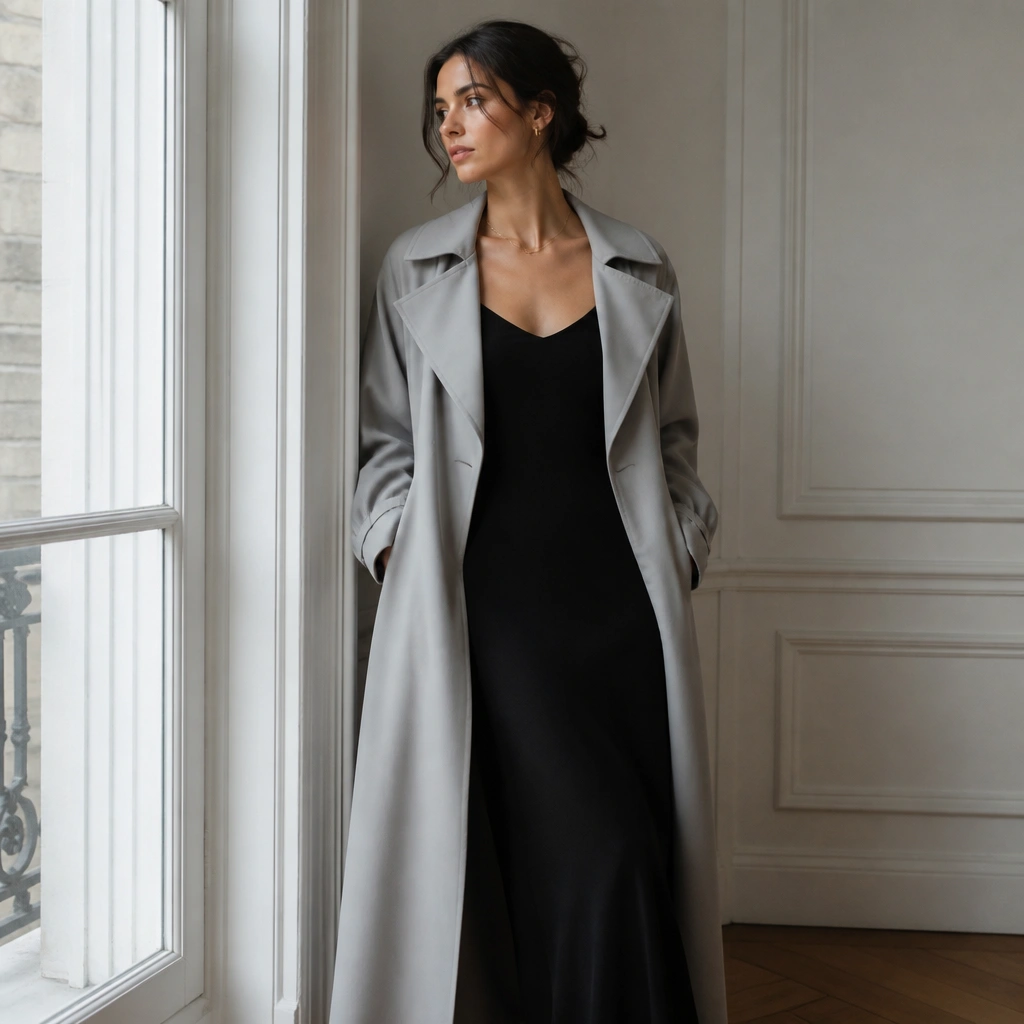 A light gray long trench coat worn over a black maxi dress, with a delicate gold necklace and small hoop earrings; the photo is indoors near a window.