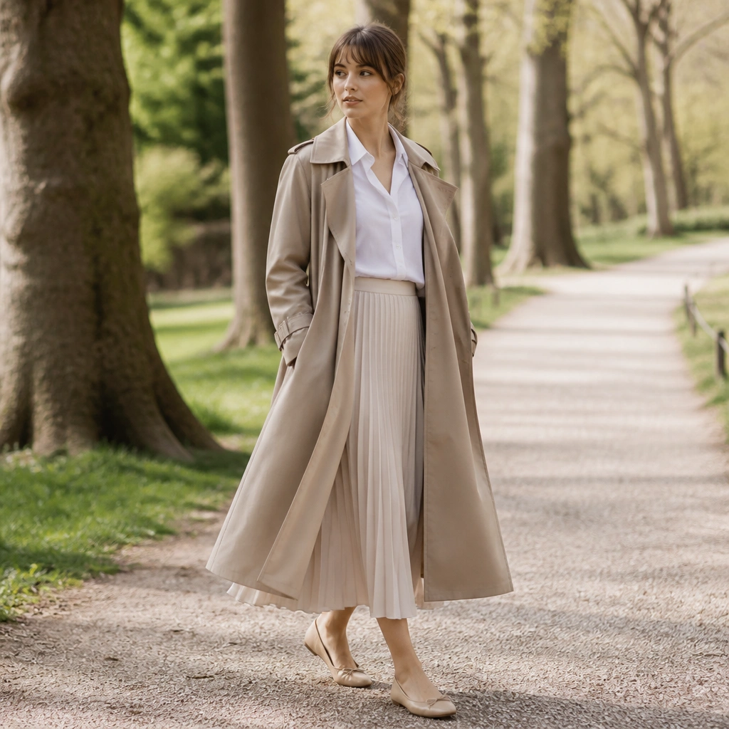 A sand long trench coat over a crisp white button-down and a light pleated midi skirt, styled with ballet flats; the background is a park path.