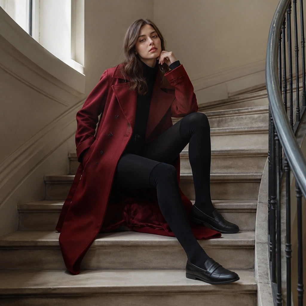 A deep red long trench coat worn with black leggings and tall over-the-knee socks, paired with black loafers; the photo is taken on a staircase with soft daylight.