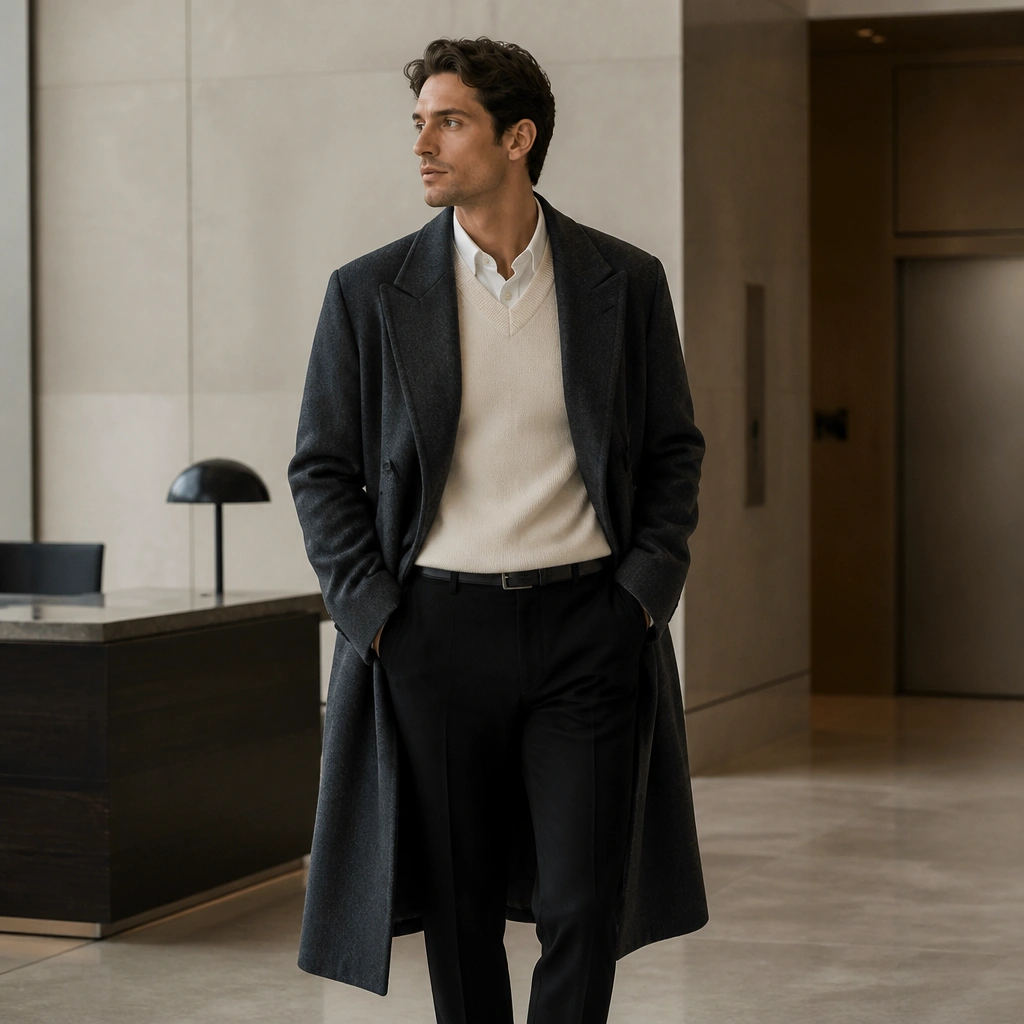A charcoal long trench coat layered over a cream sweater vest and black trousers, with a dark leather belt and minimal accessories; the setting is an office lobby.