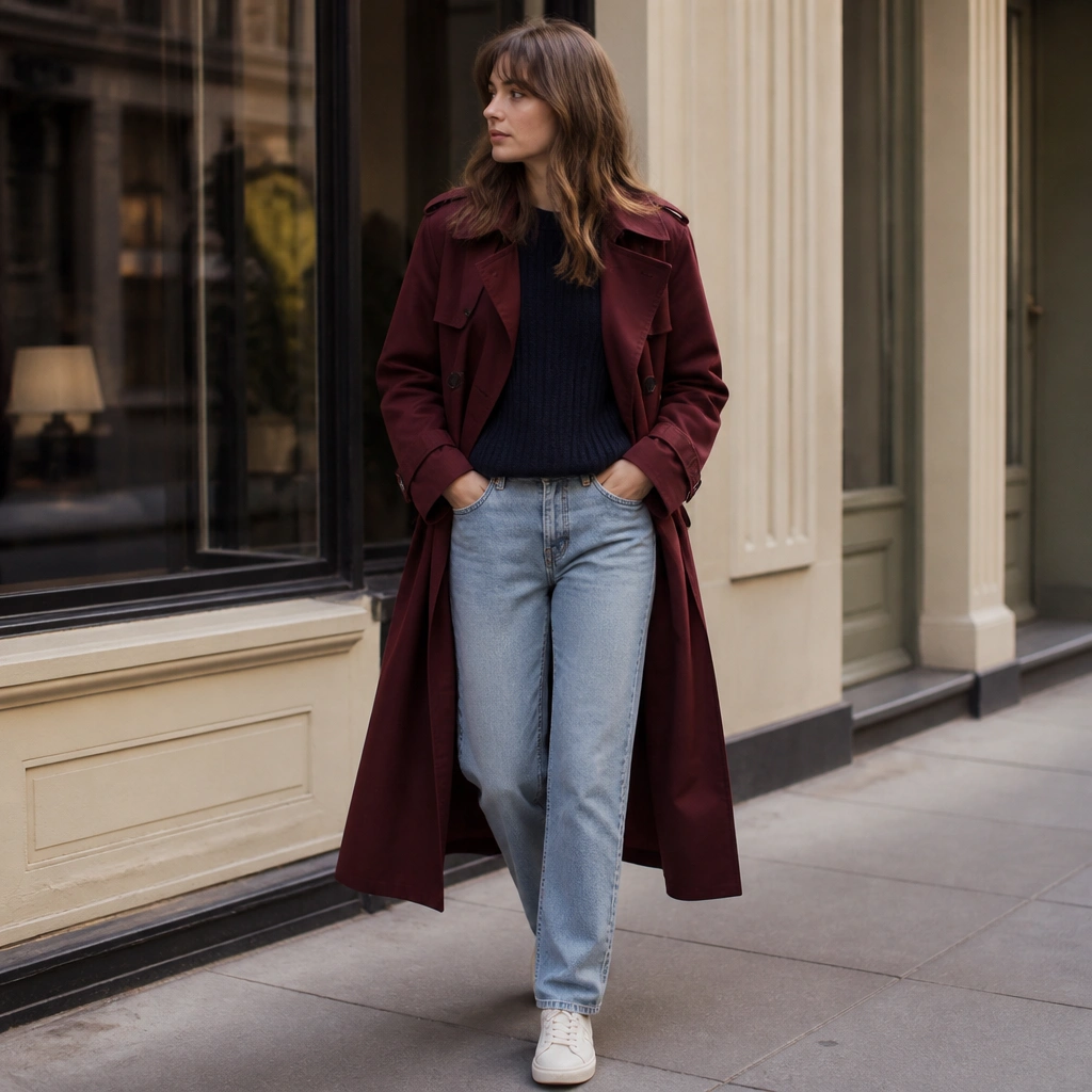 A burgundy long trench coat over a navy knit sweater and light wash straight jeans, paired with white sneakers; the photo is outdoors near storefront windows.