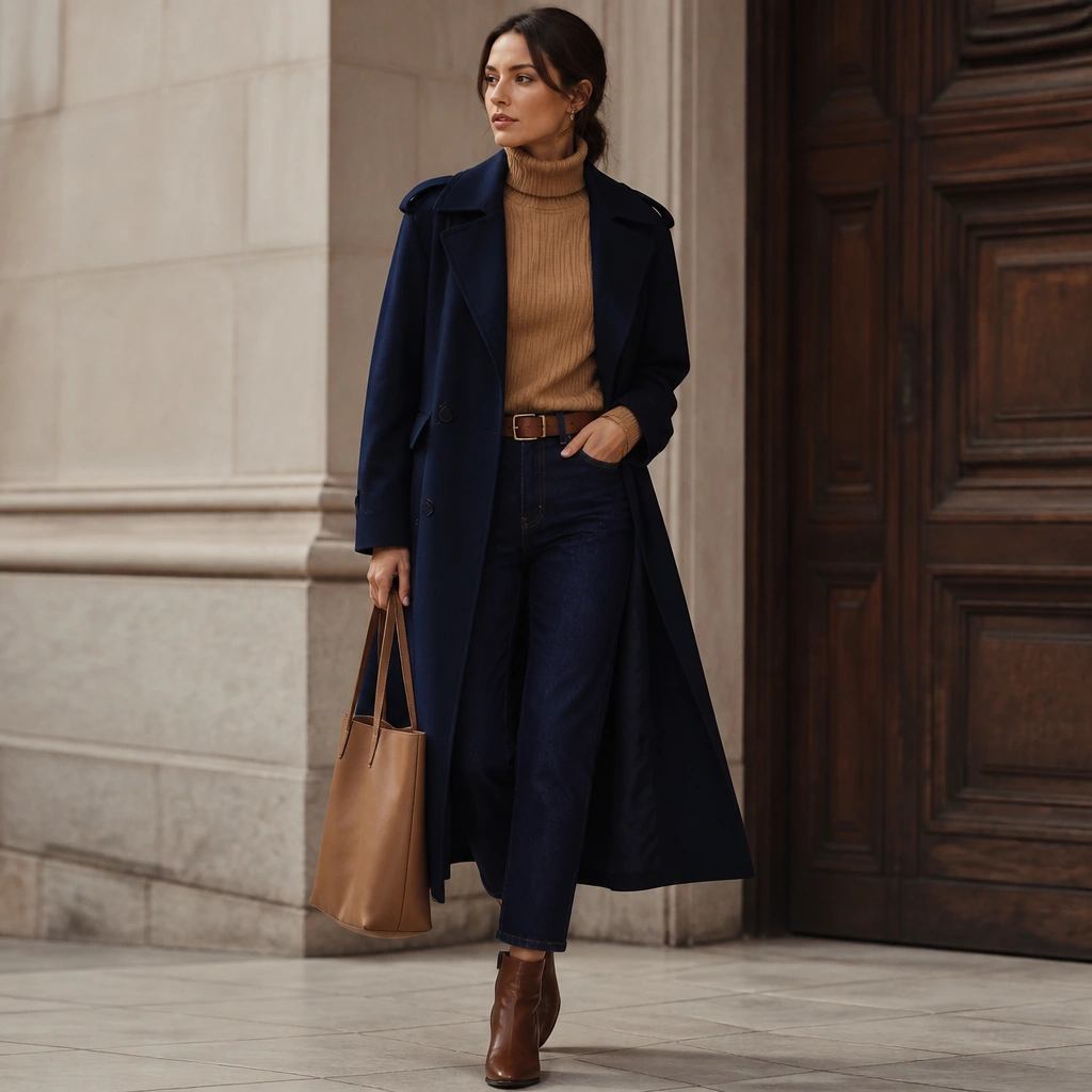 A deep navy long trench coat over a camel ribbed turtleneck, paired with dark wash ankle-length pants and brown leather ankle boots; a tan belt and a slim tote.