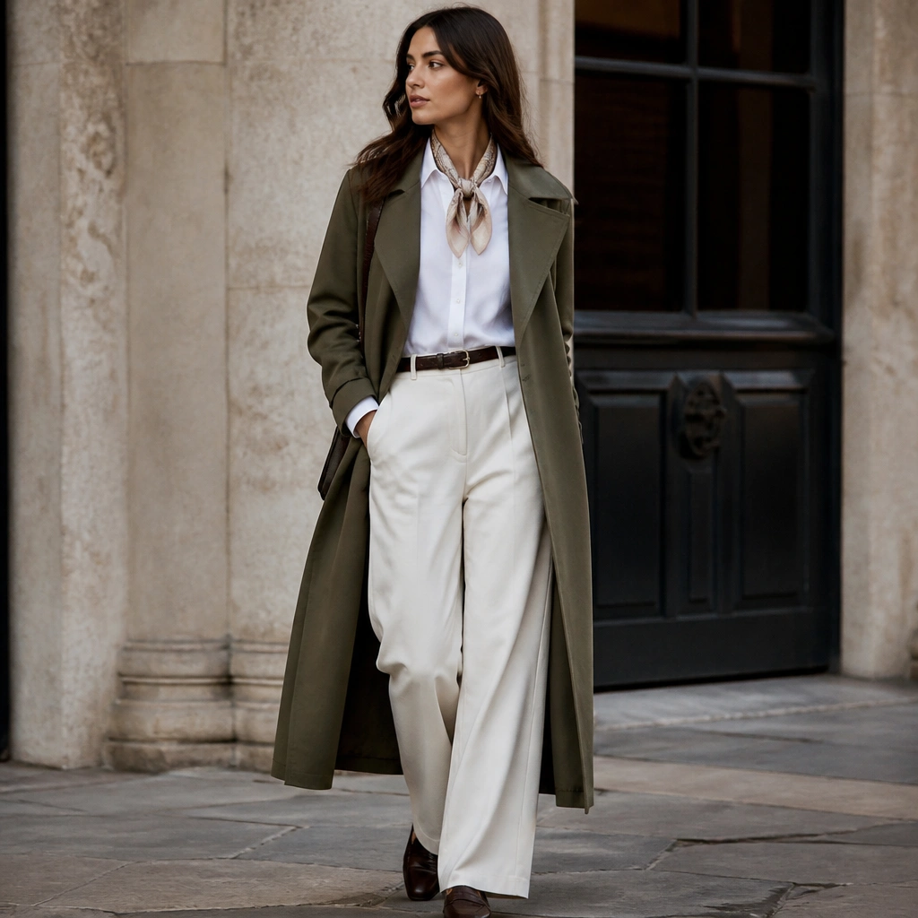 An olive green long trench coat layered over a crisp white button-down and mid-rise wide-leg trousers; styling includes a slim belt, simple loafers, and a neutral scarf tied at the neck.