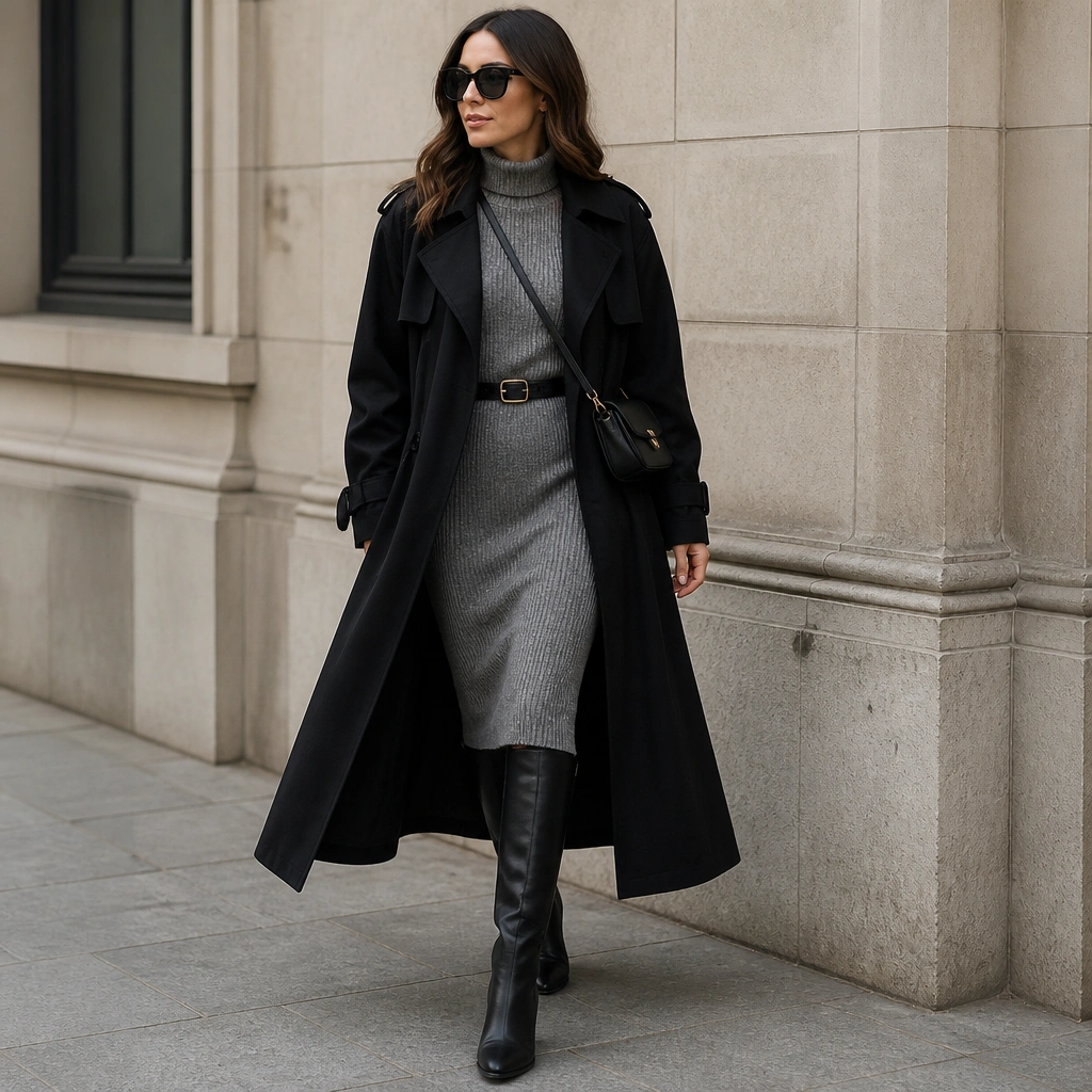 A black long trench coat over a heather gray midi sweater dress, styled with knee-high black boots and a structured belt; dark sunglasses and a small crossbody bag.