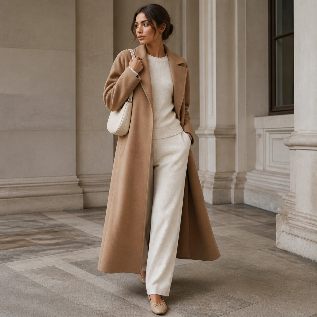 A camel long trench coat worn over a cream matching sweater and trousers set; the model carries a cream shoulder bag and wears beige ballet flats.