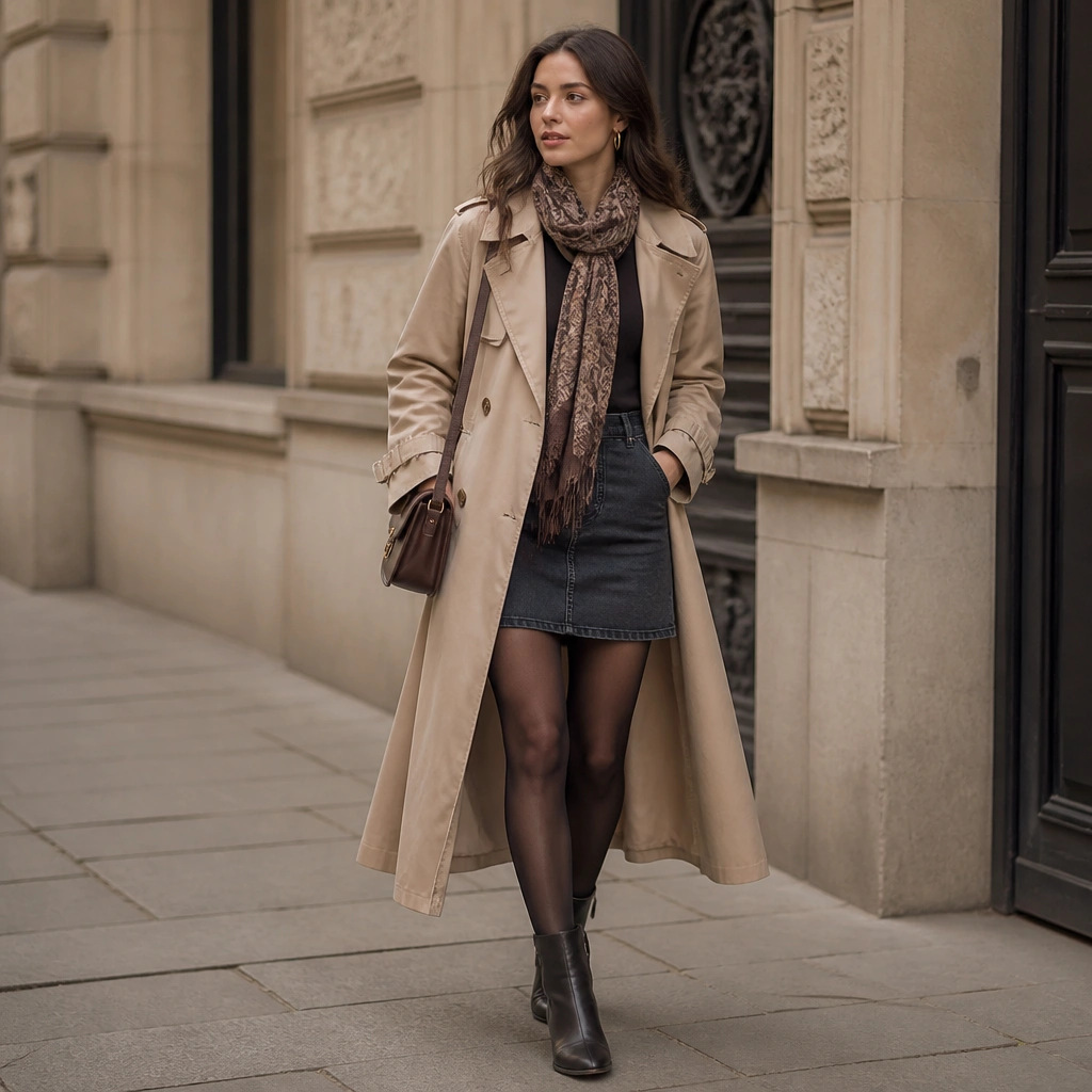 A beige long trench coat with a patterned scarf, layered over a dark denim skirt and sheer black tights; paired with ankle boots and a small satchel.
