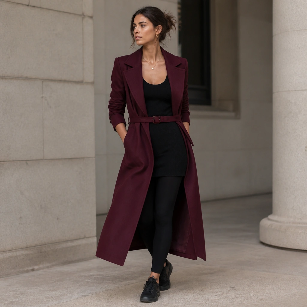 A burgundy long trench coat over black leggings and a ribbed longline tank; styling includes a belt at the waist, sleek black sneakers, and minimal jewelry.