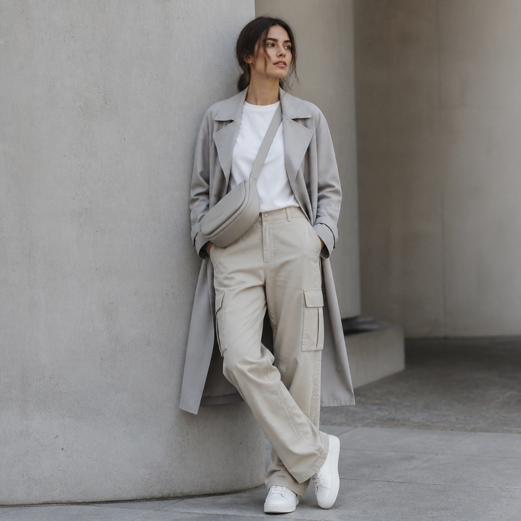 A light gray long trench coat layered over a plain white tee and straight-leg cargo trousers; paired with white sneakers and a crossbody bag.