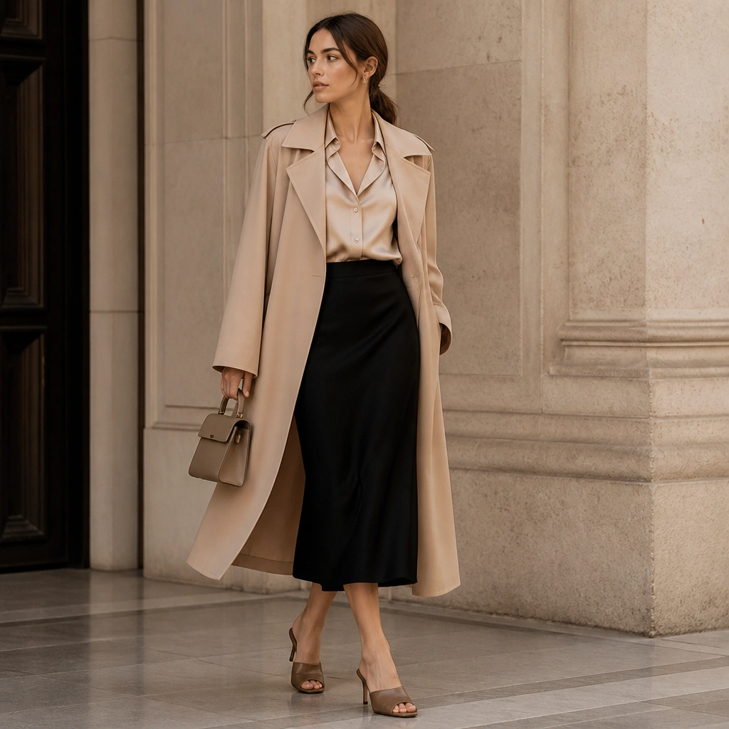 A nude long trench coat over a black midi skirt and a satin-feel blouse with subtle sheen; includes heeled mules and a small top-handle bag.