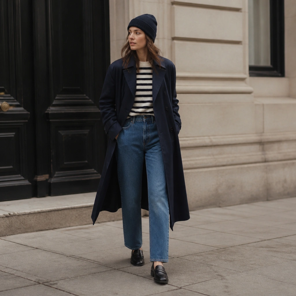 A navy long trench coat worn over a black-and-white striped sweater, paired with medium-wash straight jeans; styled with a beanie and loafers.