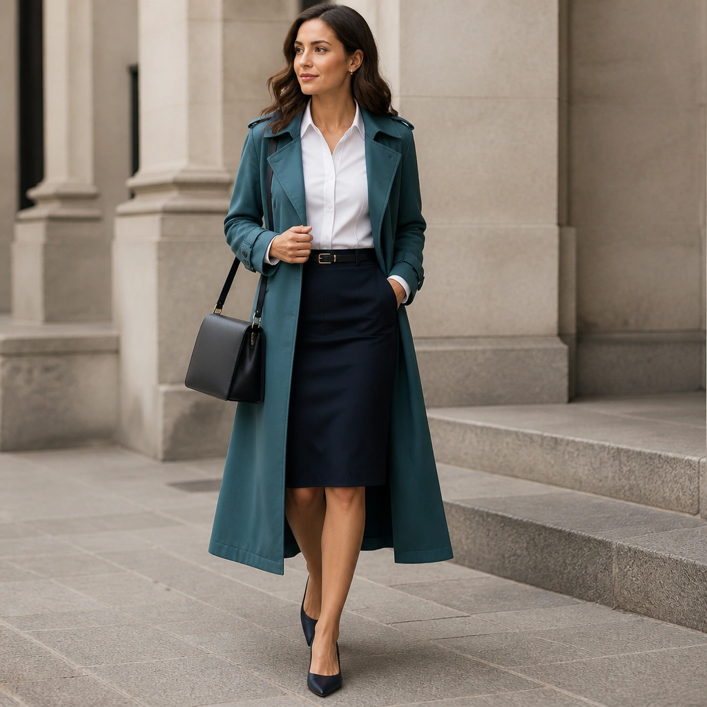 A teal long trench coat layered over a white poplin shirt and a navy pencil skirt; includes pointed flats, a slim belt, and a structured shoulder bag.