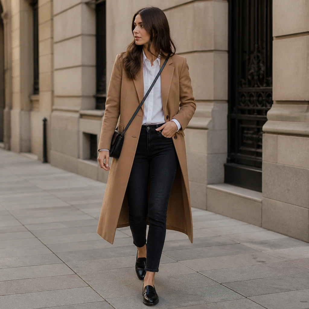 A camel long trench coat layered over a crisp white button-down and dark skinny jeans; the look is finished with black leather loafers and a minimal crossbody bag.