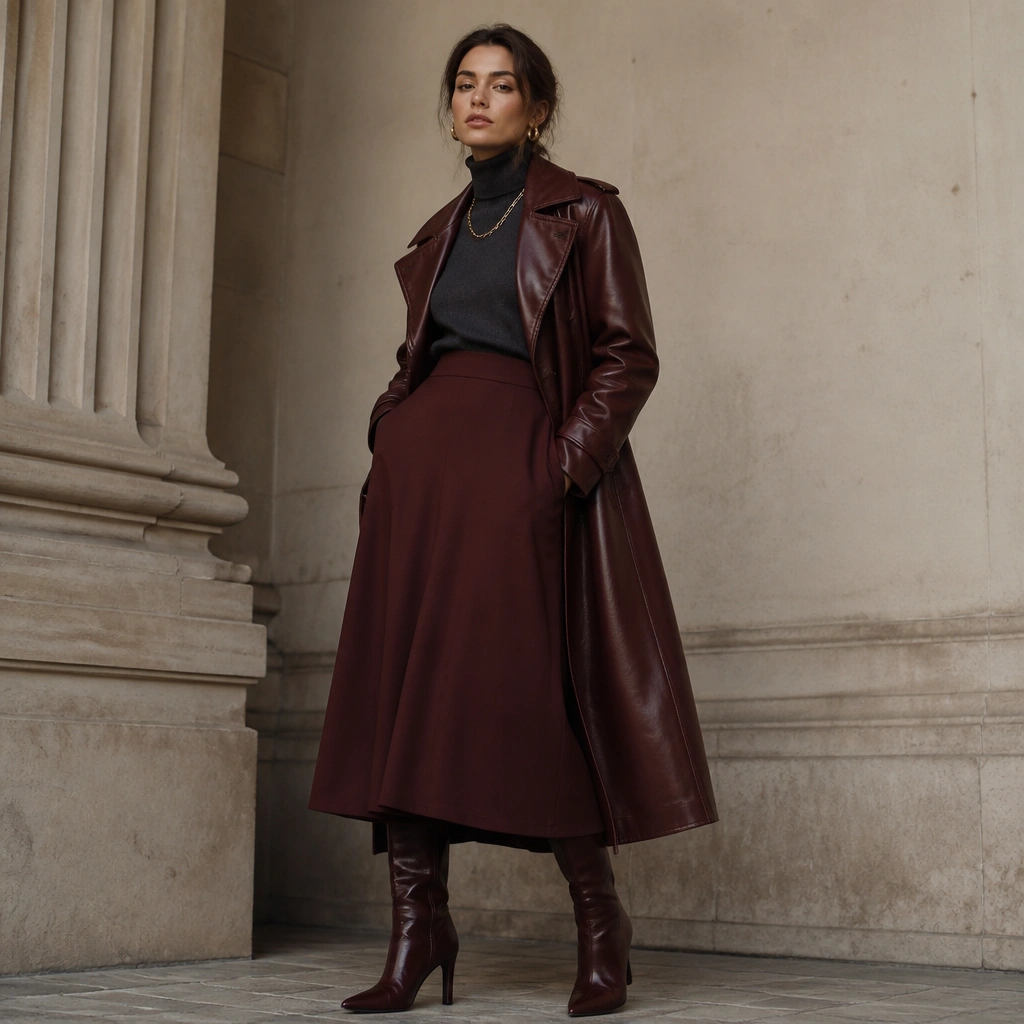 An oxblood long leather trench worn over a charcoal turtleneck with a merlot midi skirt; finished with burgundy heeled boots and gold-tone jewelry.