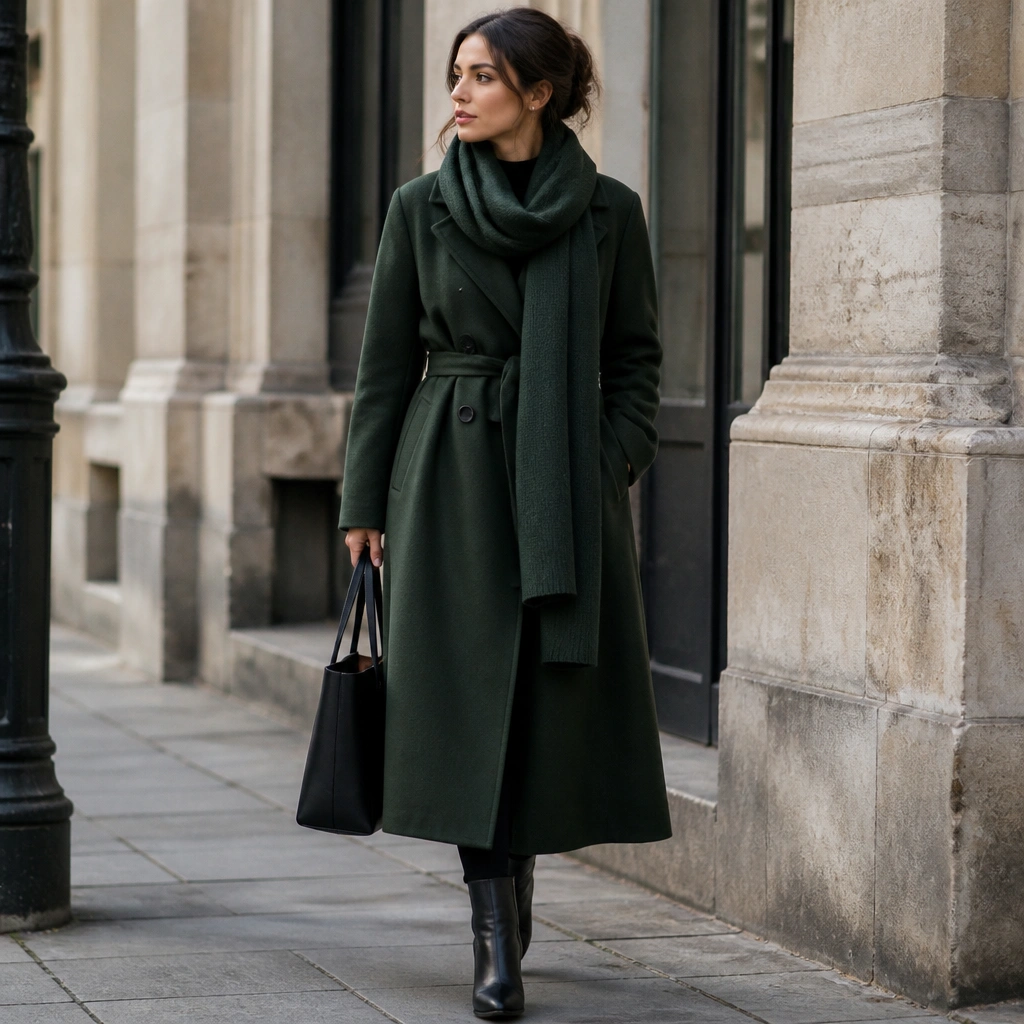A deep forest-green long wool trench over black leggings, styled with a thick long scarf draped down the front; black ankle boots and a structured tote complete the outfit.