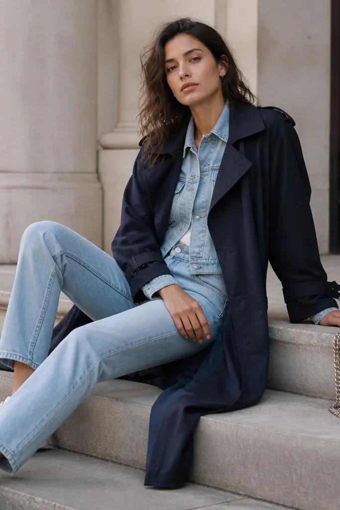 A navy long trench over a light wash denim jacket and light blue jeans; white low-top sneakers and a silver chain strap bag finish the look.