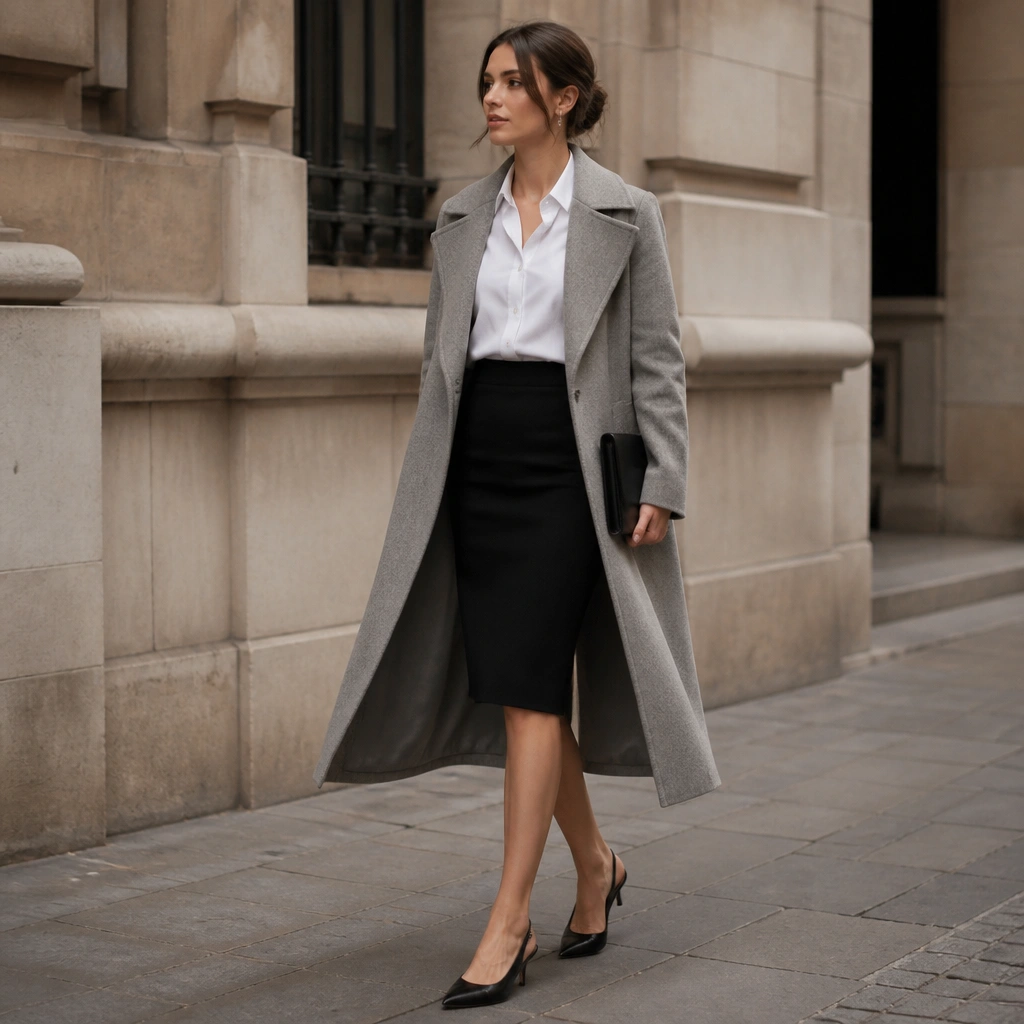 A soft gray long wool trench over a crisp white poplin shirt tucked into a black pencil skirt; the look is finished with black kitten heels and a sleek clutch.