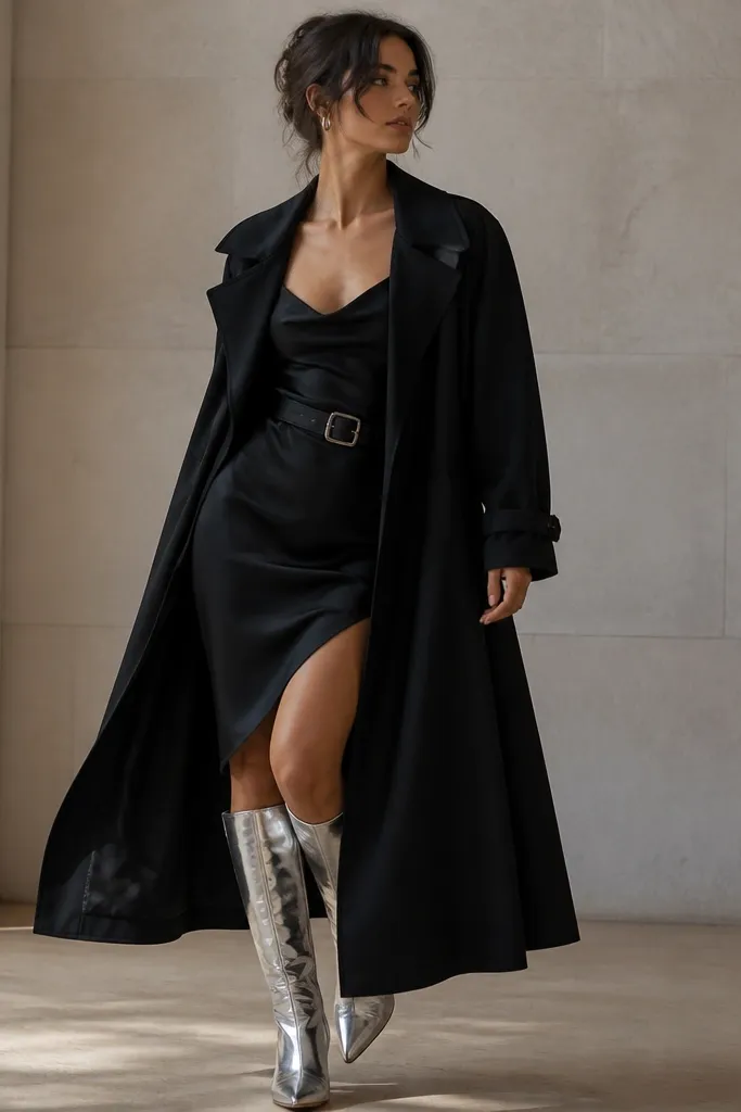 A black satin slip dress under a long black trench; the styling includes a belt, dramatic silver knee-high boots, and small hoop earrings.